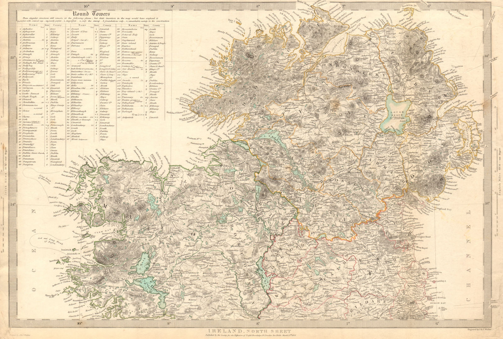 IRELAND.North Sheet.List of round towers Cloigtheach Cloigthithe.SDUK 1844 map
